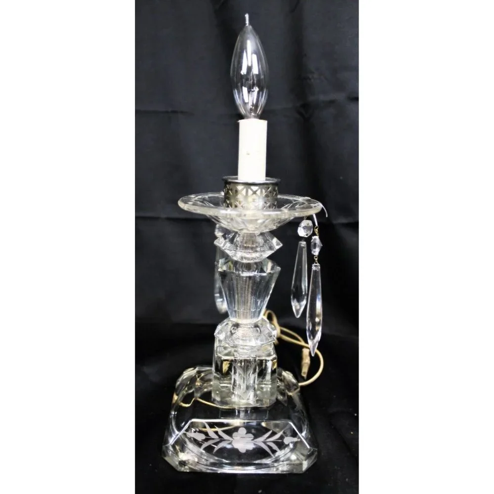VTG Clear Crystal Lamp Light Floral Etch Hanging Pendant Victorian Elegant Glass